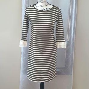 TALBOTS Petite Stripe Ruffle Sleeve Soft Knit Dress in Olive Green